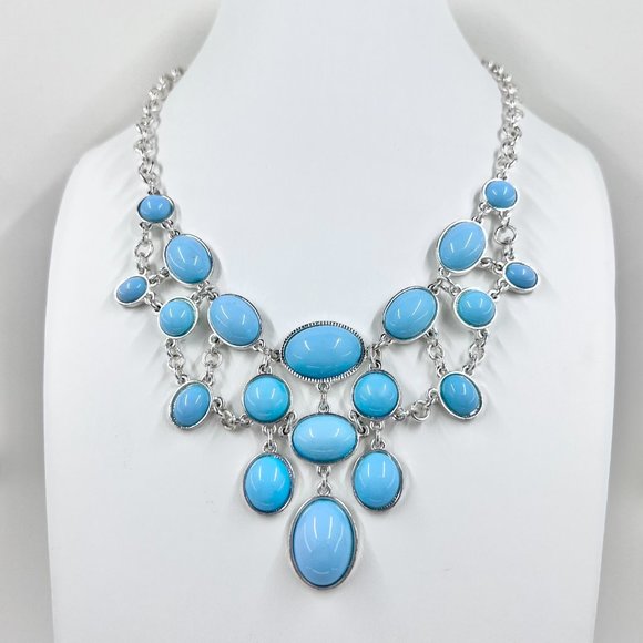 Baby Blue Shiny Silver Tone Small Bib Statement 14” Choker Necklace - Picture 2 of 6